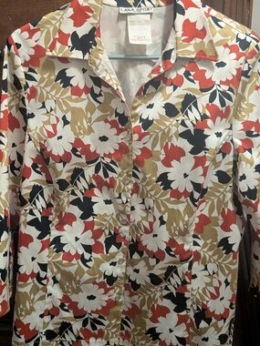 Floral Button-Front Blazer Jacket — White, Red & Tan Sz. 14 Petite